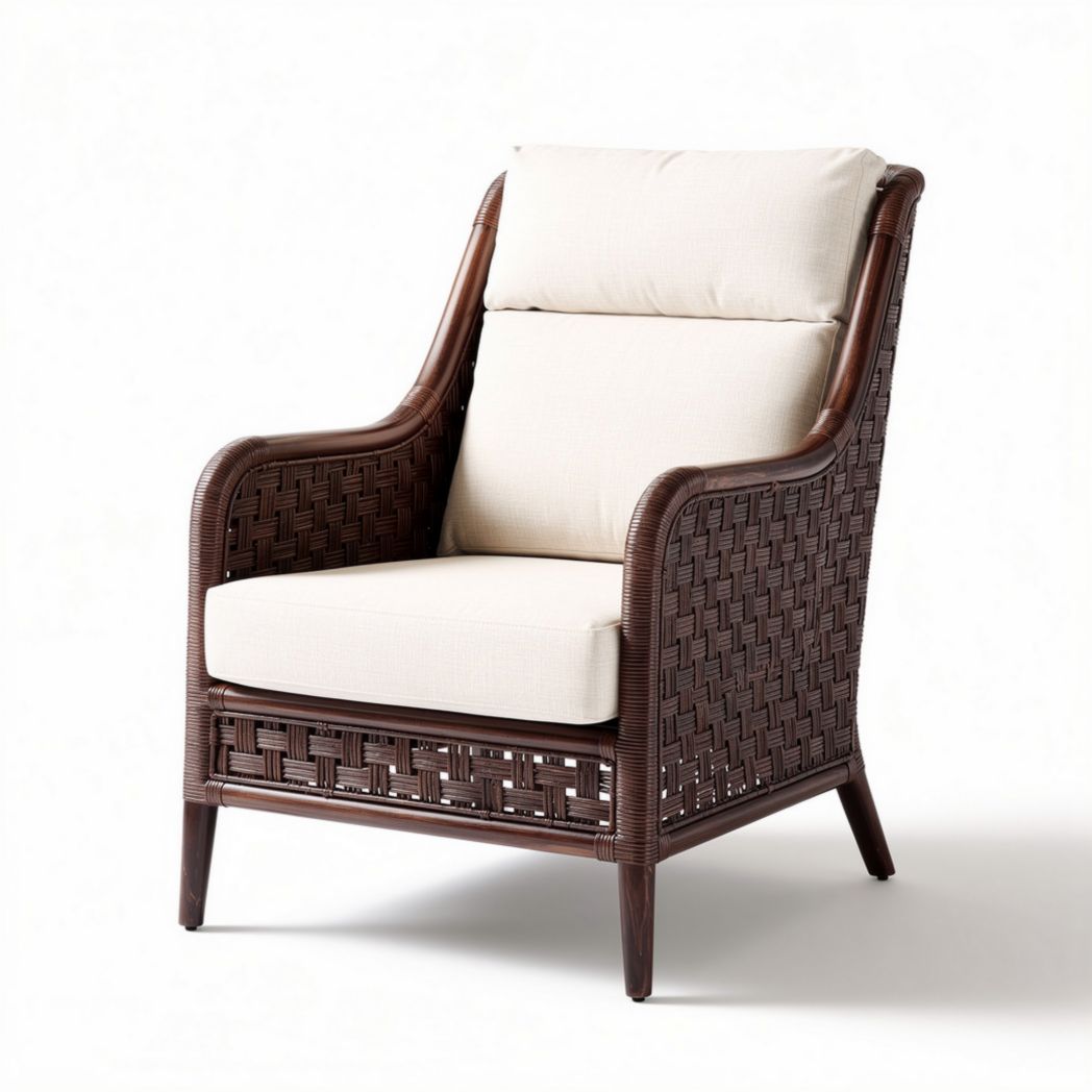 Fauteuil en rotin tissé brun avec coussin en tissu crème 80 x 70 x 95cm