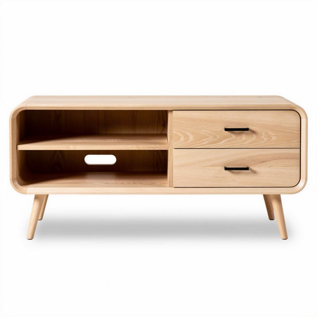 Table basse en bois naturel avec deux tiroirs et étagère ouverte 120 x 40 x 50cm