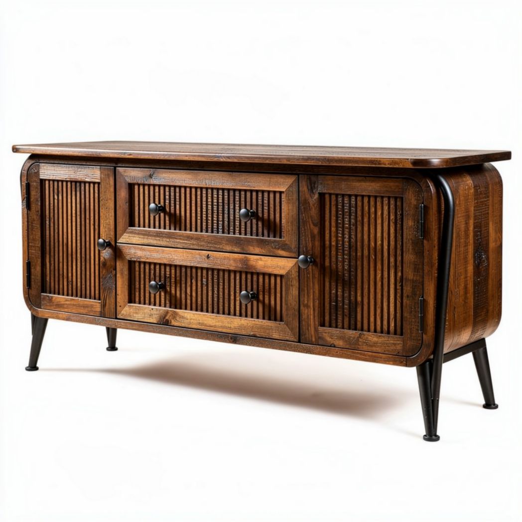 Meuble tv en bois recyclé avec deux tiroirs et finition vintage 120 x 40 x 70cm
