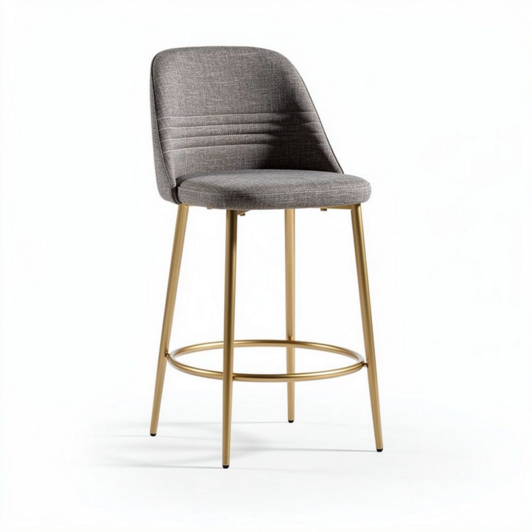 Tabouret de bar en tissu gris avec pieds en métal doré hauteur 100cm