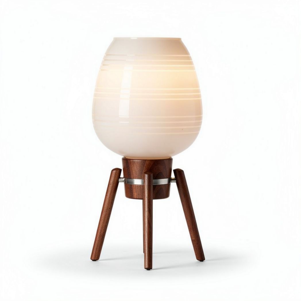 Lampe en verre opalin avec base en bois de noyer et pieds en métal 20 x 20 x 40cm
