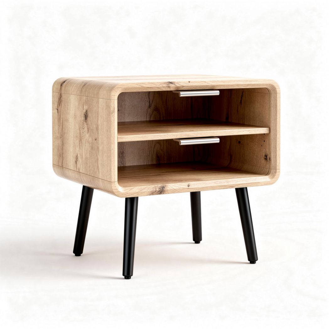 Table de chevet en bois naturel avec étagères et pieds noirs 60 x 40 x 50cm