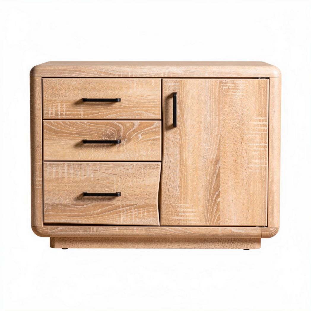 Meuble de rangement en bois clair avec trois tiroirs et une porte dimensions 60 x 40 x 50cm